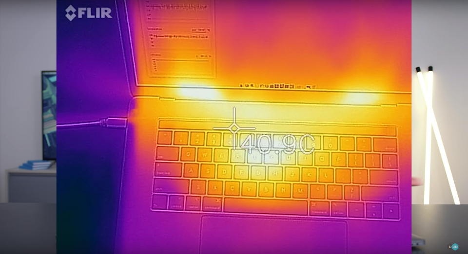 Lee used a FLIR thermal camera to measuring high temperatures on the MacBook Pro during testing